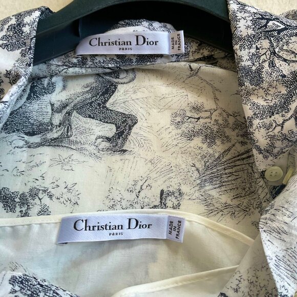 Christian Dior Shirt midi Dress White Navy Blue Toile de Jouy Voile SZ38bust35.6 - Picture 3 of 11